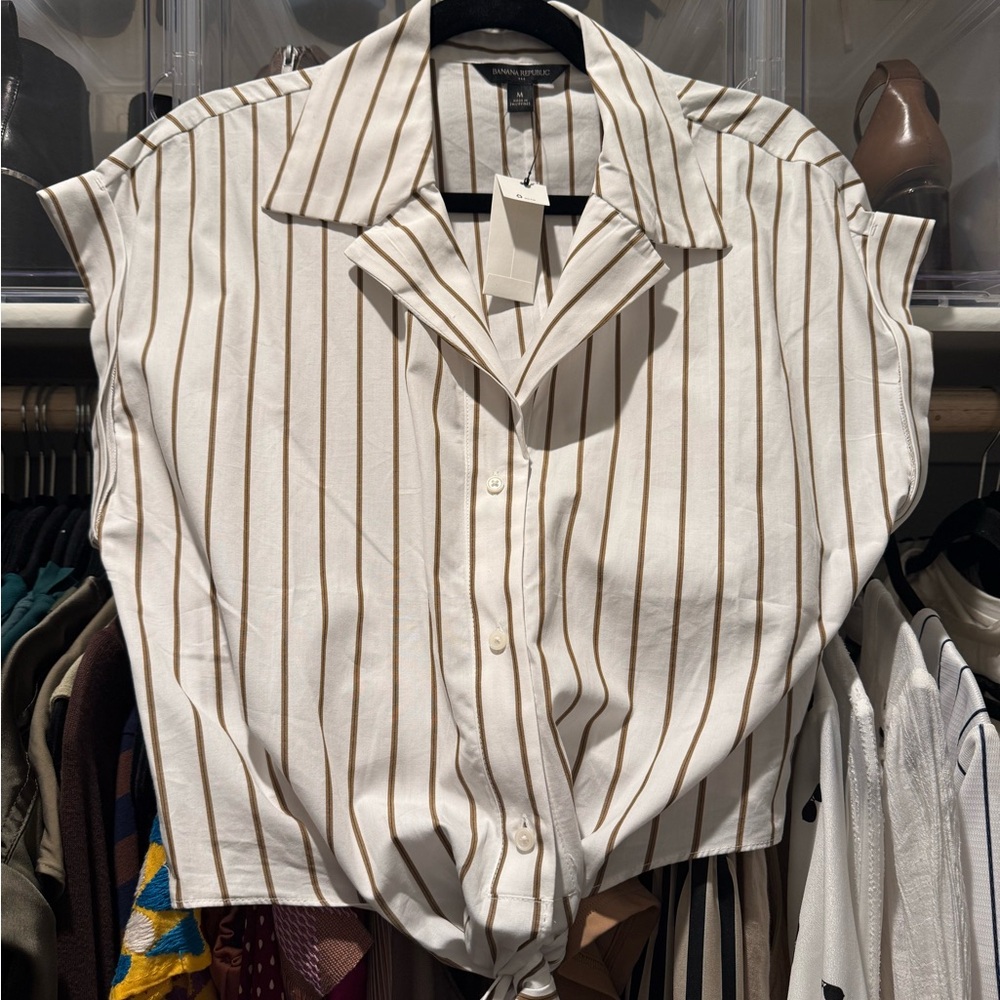 Striped Cream and Brown Women's button up crop Top